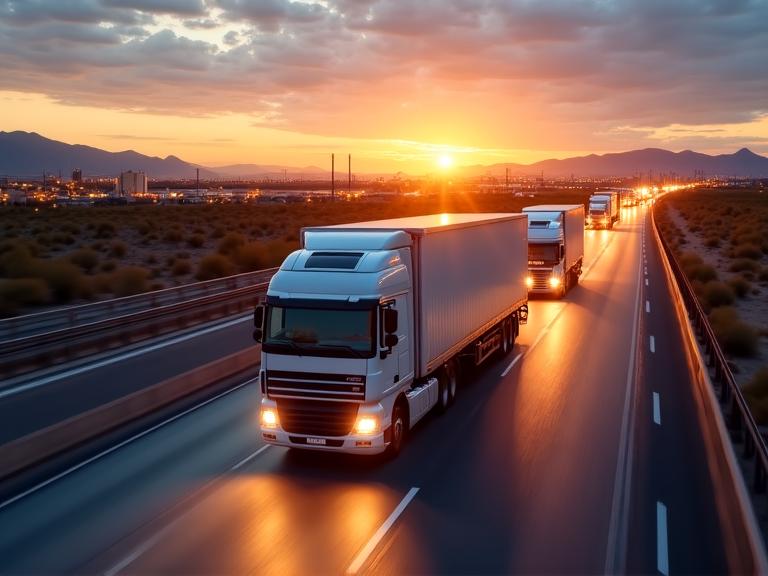 RELIABLE CARGO EXPRESS — Cargo express trucks on Phoenix I-10 highway at dusk